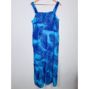 Liz Claiborne Maxi Linen Blend Dress Blue Palm Print‎ Tropical Resort Size Med